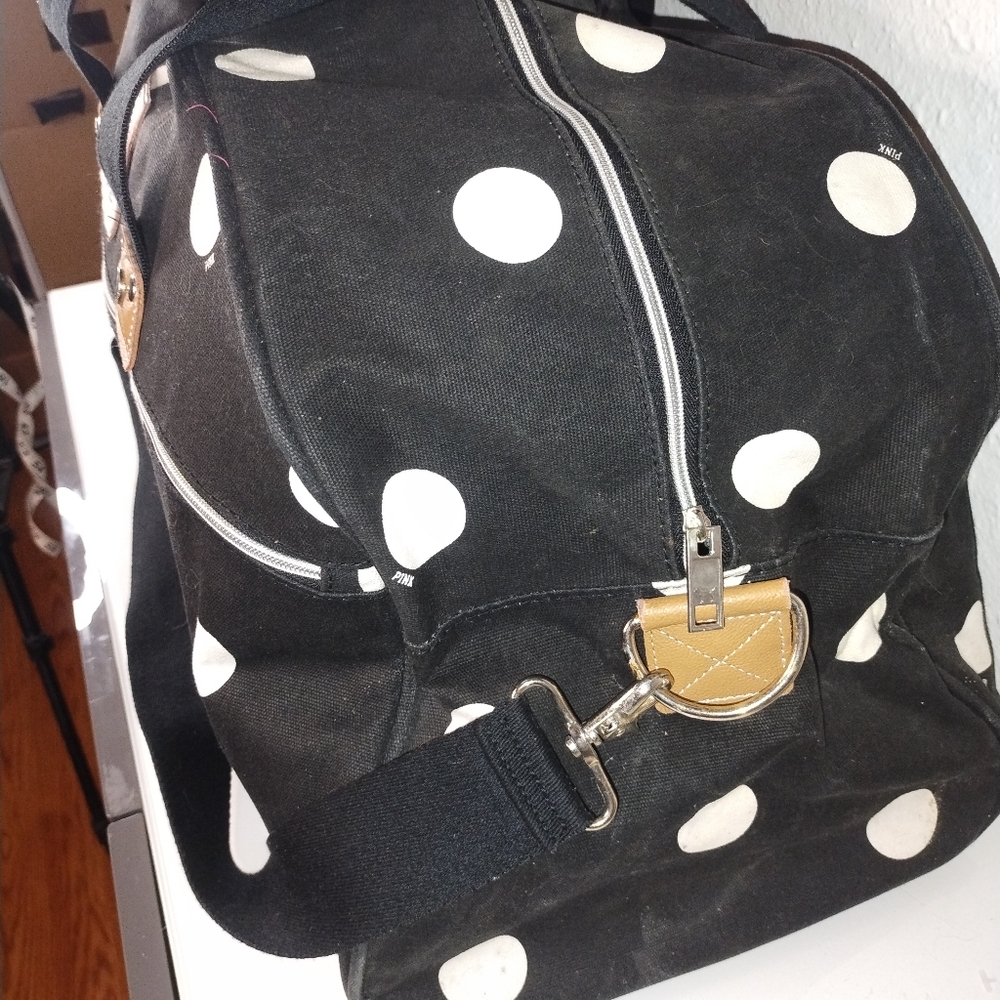 Vintage PINK Victoria's Secret Black and White Polka Dot Large Duffle Bag - Picture 2 of 16